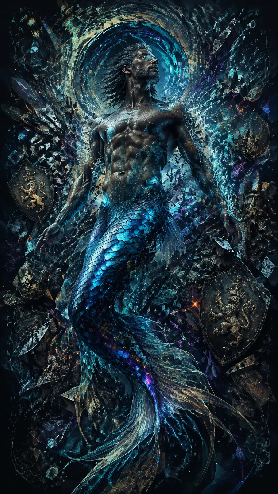 從旋轉抽象漩渦中升起的發光人魚