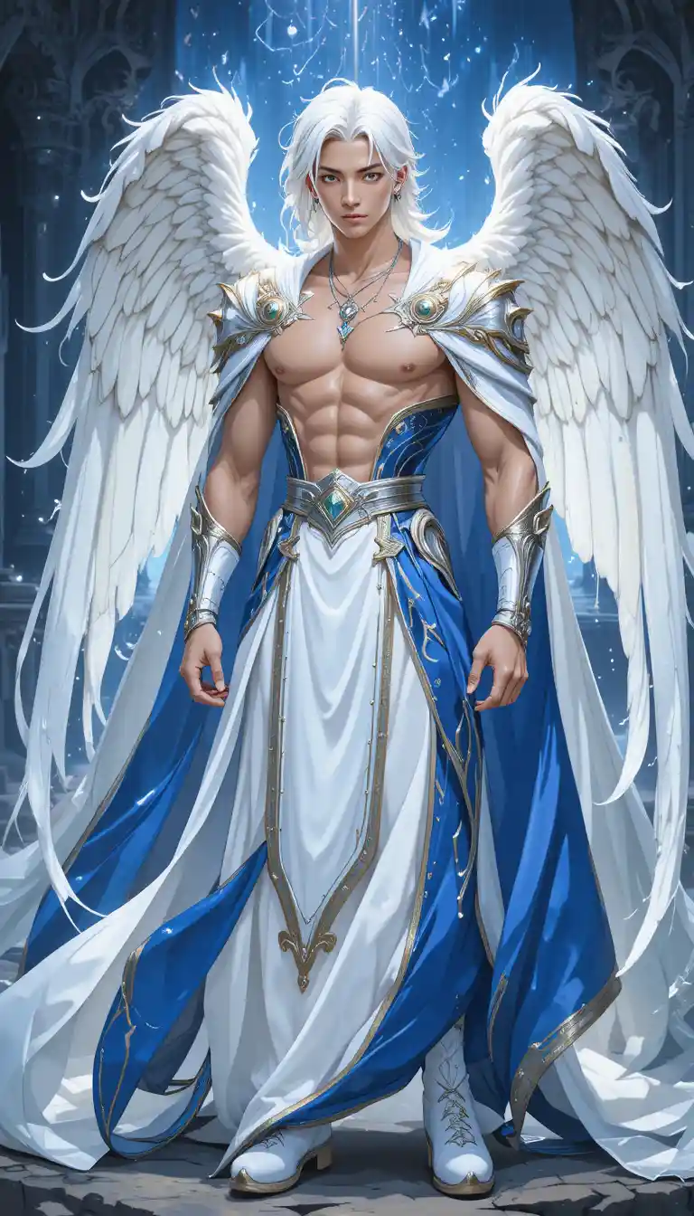 Winged anime guardian with silver eyes and sacred tattoos