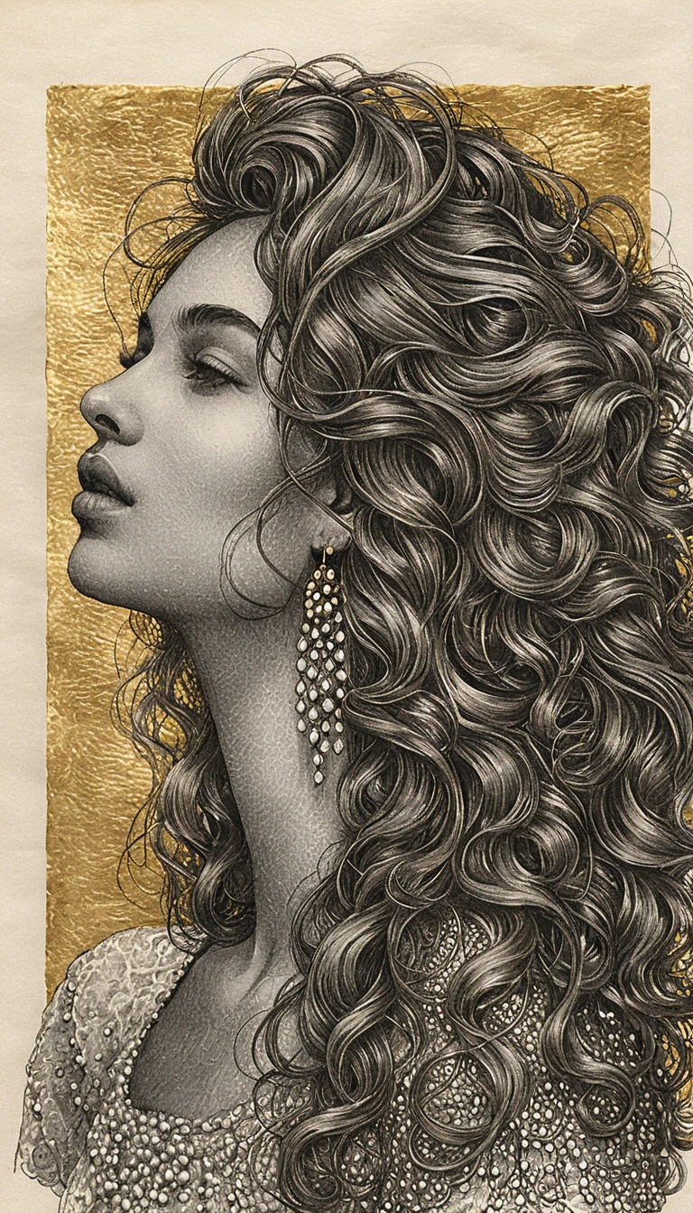 Retrato de perfil de una mujer con cabello rizado y voluminoso