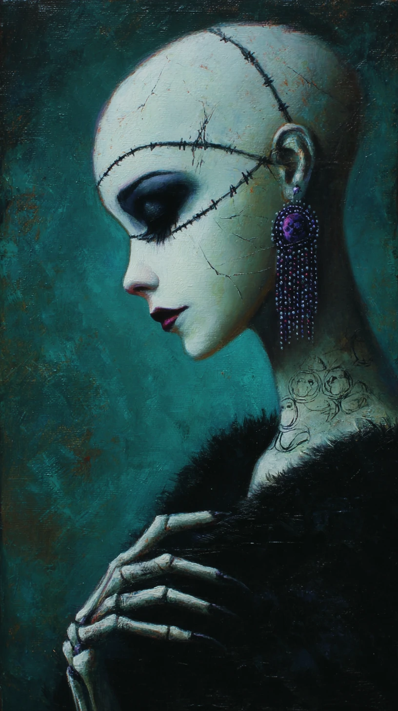 Retrato gótico surrealista de una mujer con cuello alargado