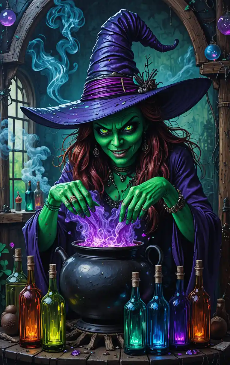 Bruja verde preparando una siniestra poción morada