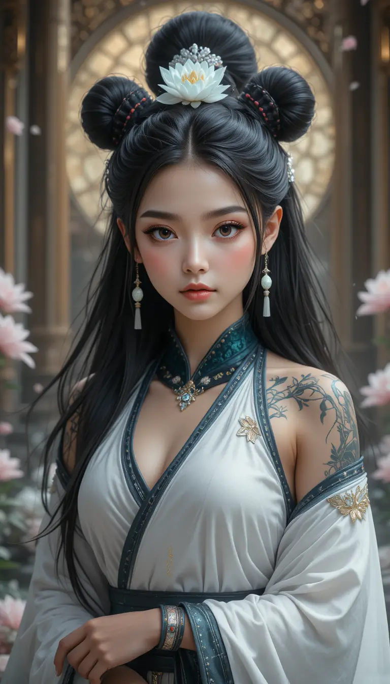 Mulher anime Pandawa com orelhas de panda em vestes tradicionais