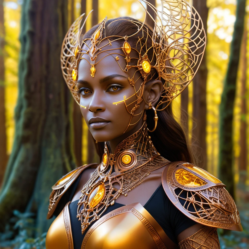 Princesa biomecánica con armadura color azafrán en el bosque de circuitos