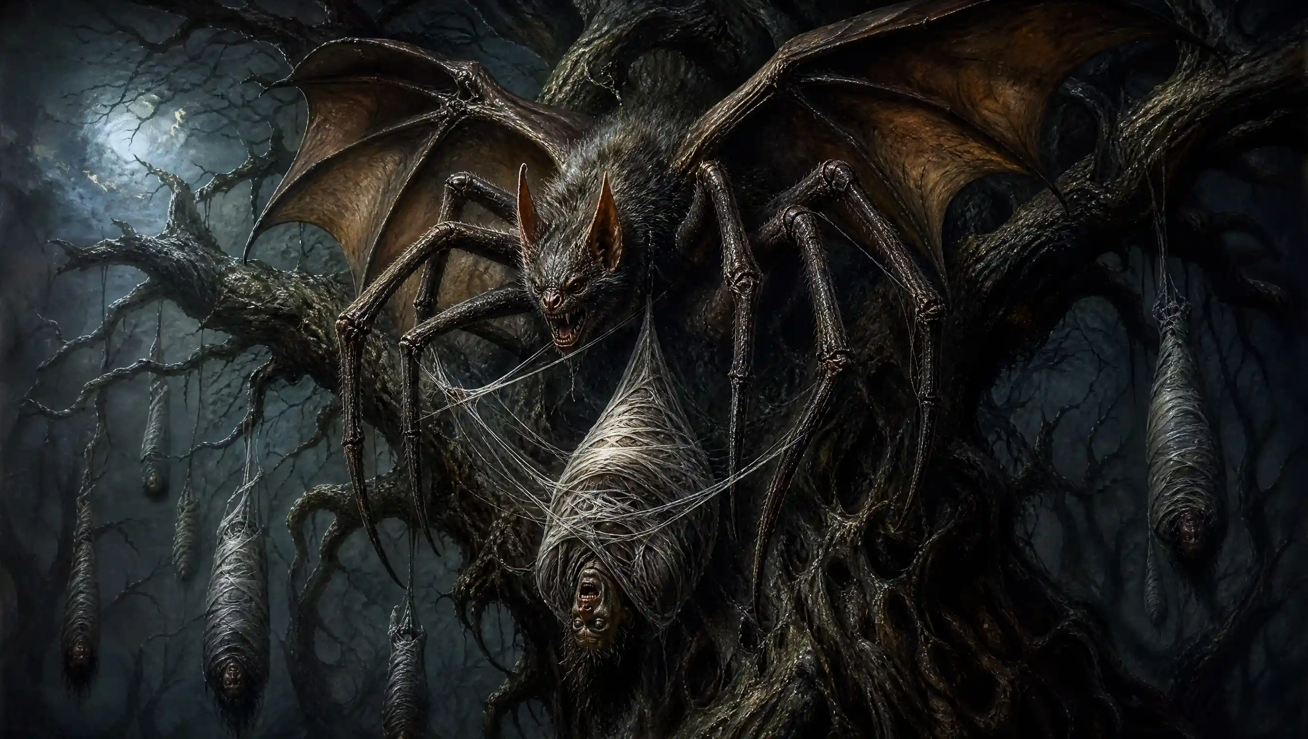 暗い魔法の森のクモコウモリモンスター