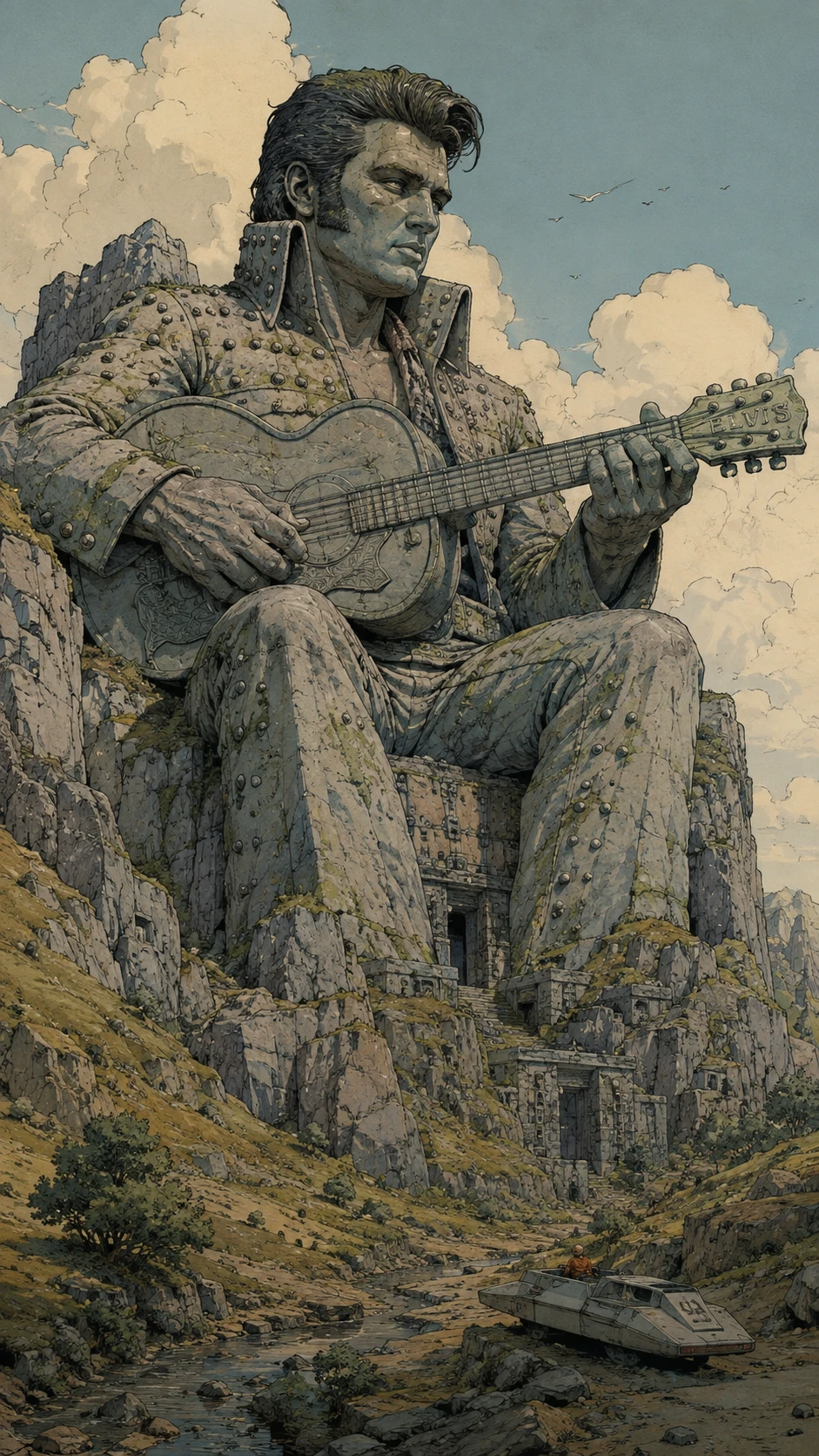 Colosal figura de guitarra de piedra tallada en acantilados rocosos