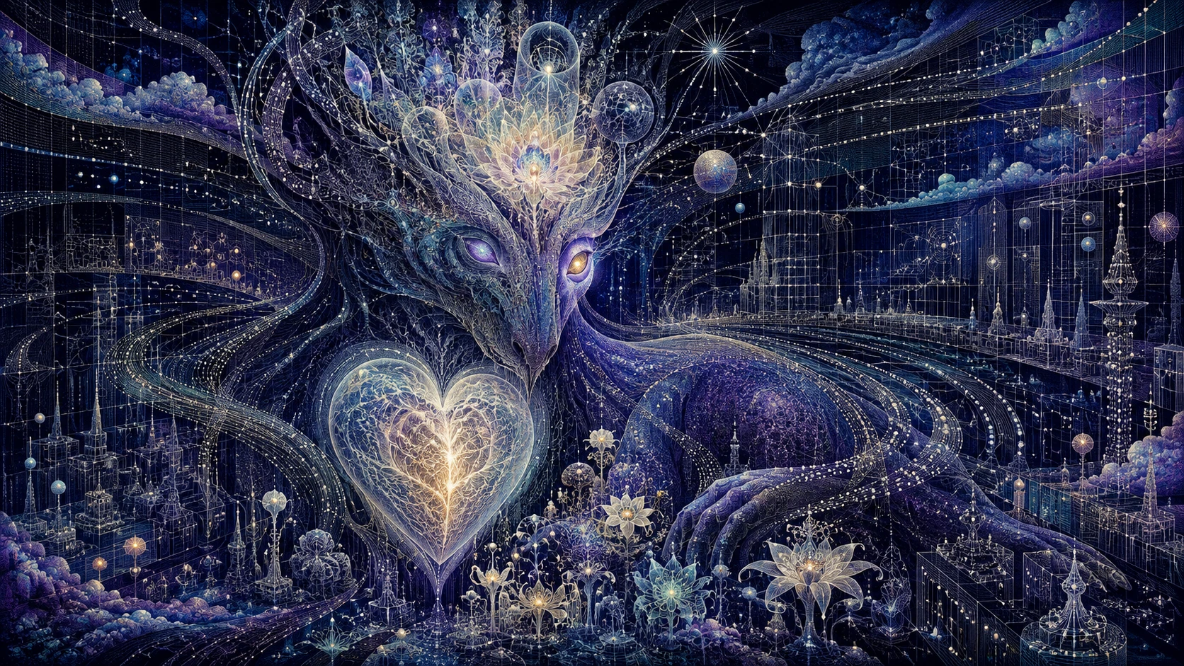Criatura fantástica surreal con corazón luminoso más allá de patrones medibles