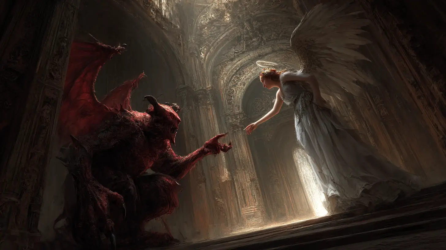 Antiguo demonio que se extiende hacia un ángel celestial radiante