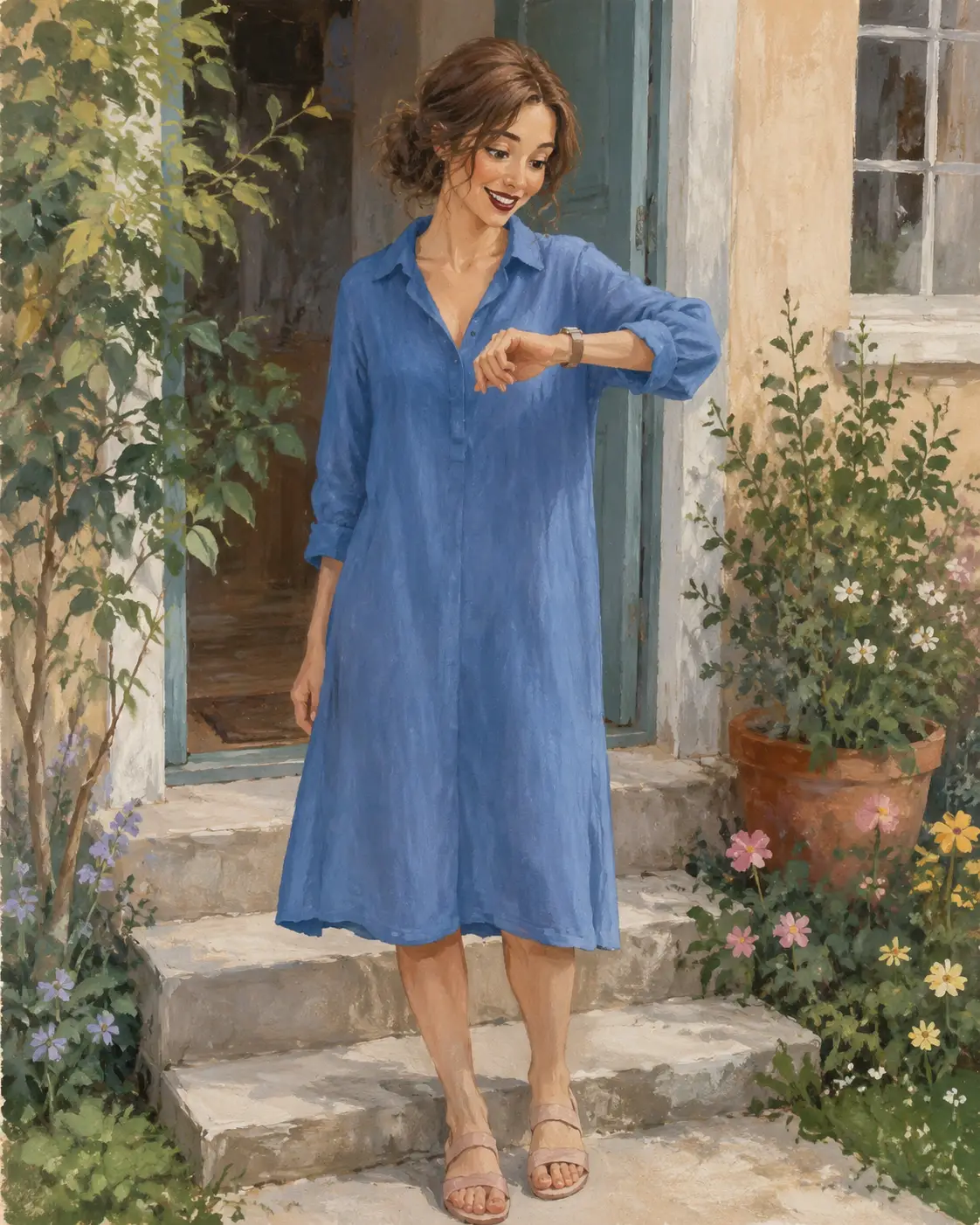 Mulher de vestido azul à porta do jardim
