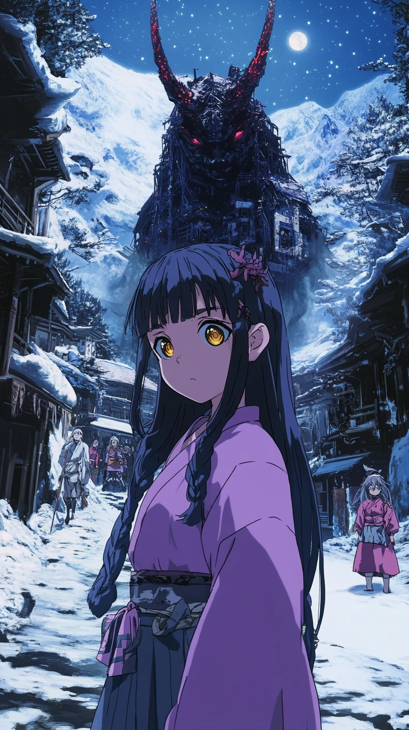 Chica de anime en pueblo nevado con torre de acero e iglesia