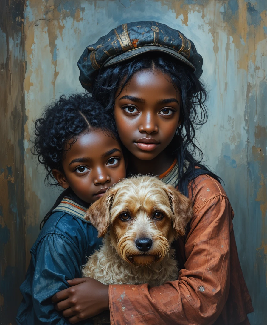 Shy young girl hugging a scruffy dog in soft light