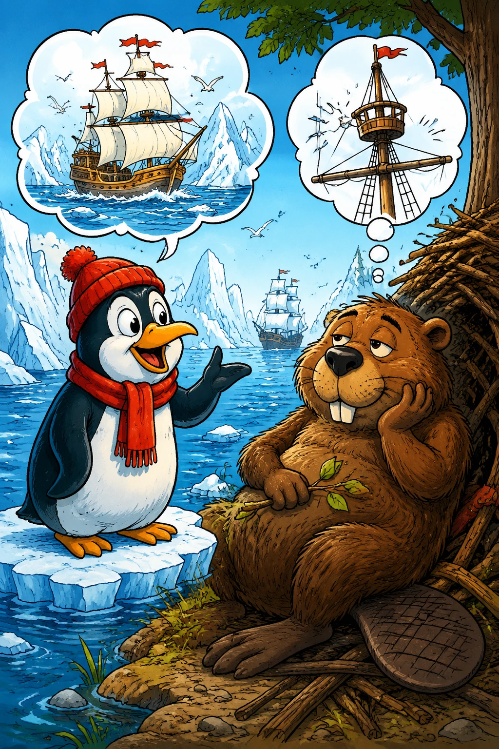 Ilustração em quadrinhos divertida de um pinguim falando sobre o mar