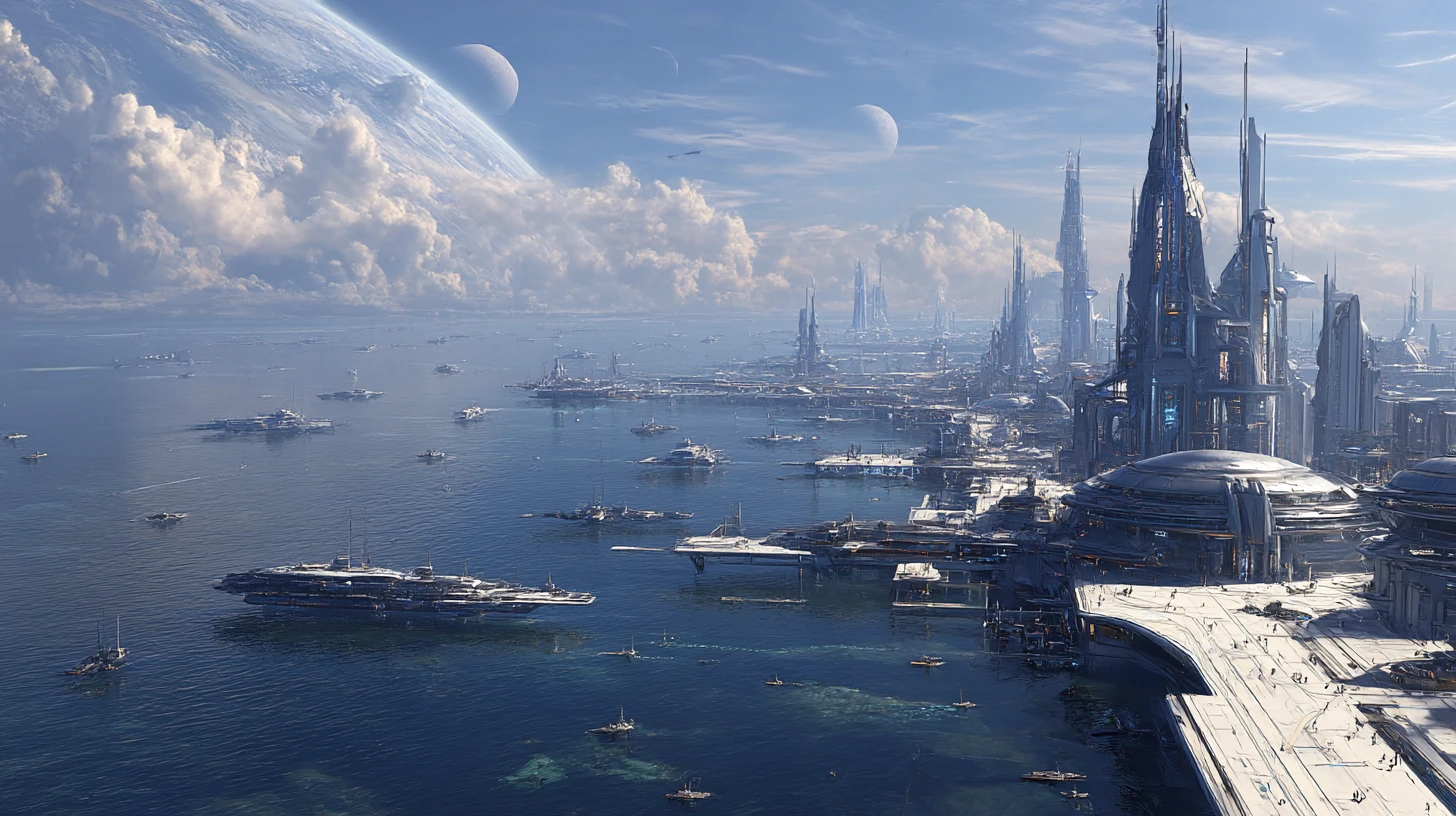 Ciudad costera futurista en un mundo alienígena con tres lunas