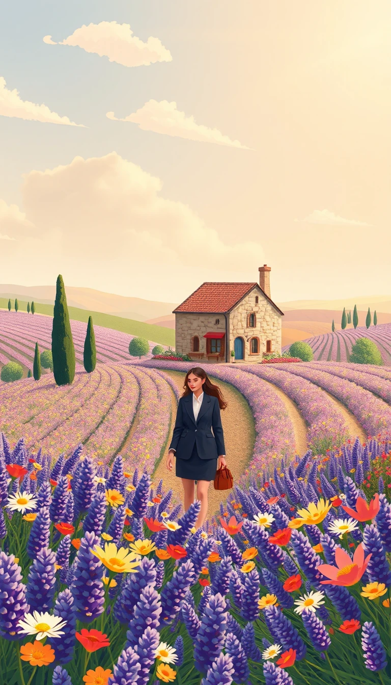 Niña fantasiosa en campo de flores en tonos pastel con flores mágicas