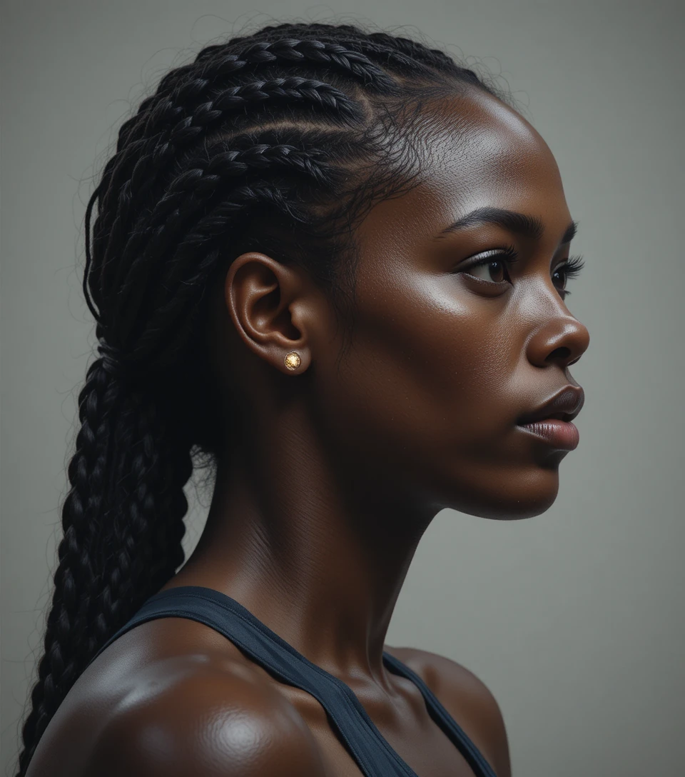 Retrato de velocista femenina decidida en dramático perfil lateral