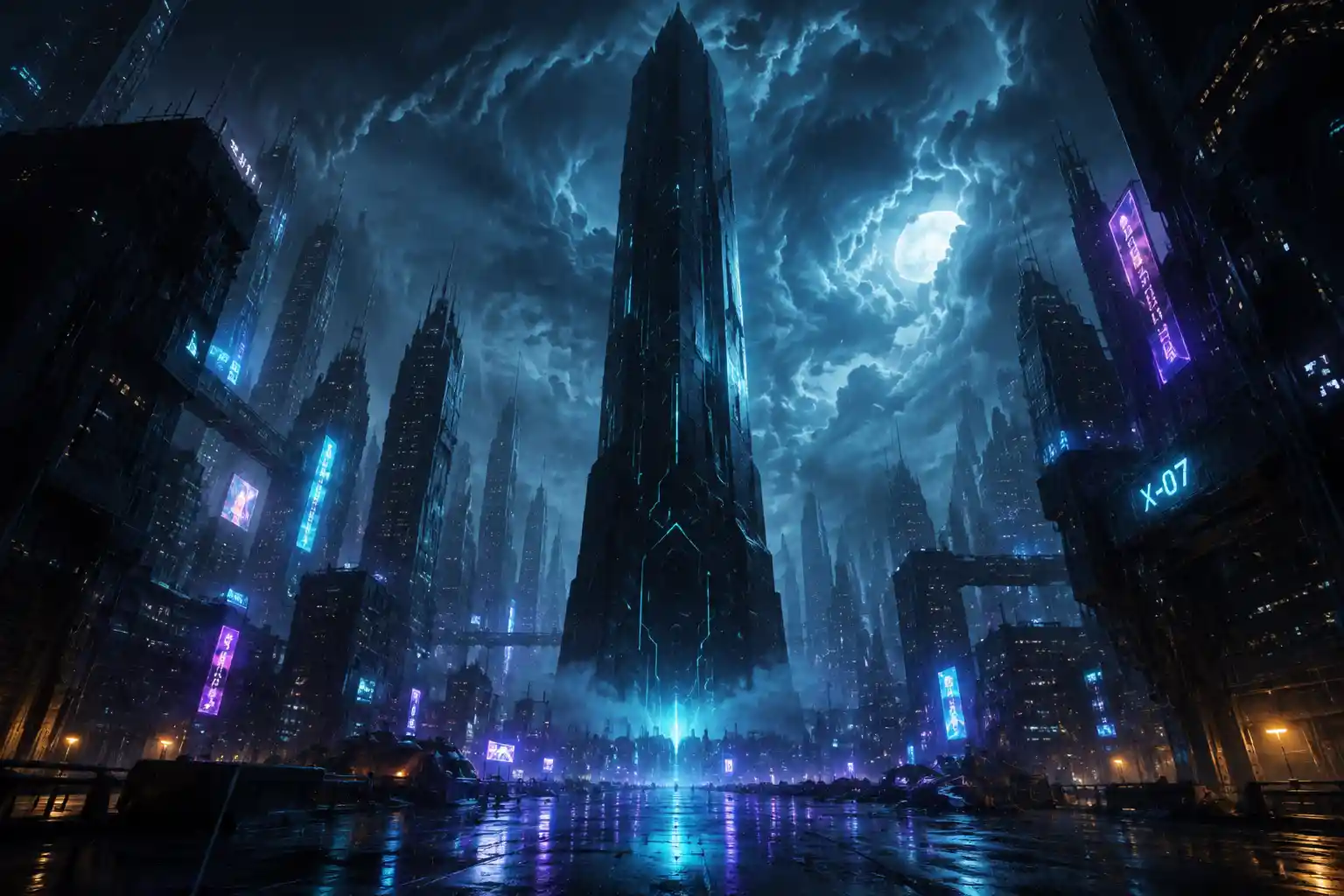 Colossal alien monolith towering over a rainy futuristic city