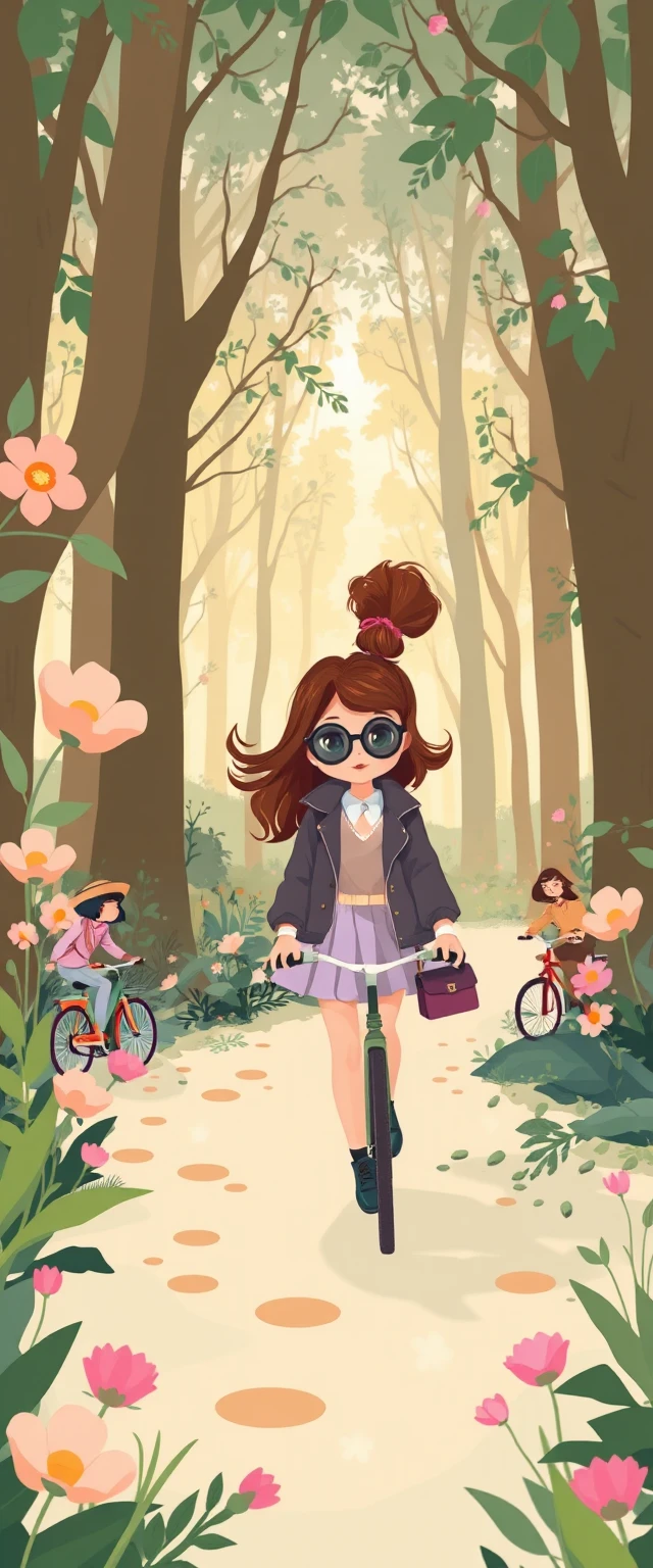 Whimsical pastel girl in a magical cartoon forest