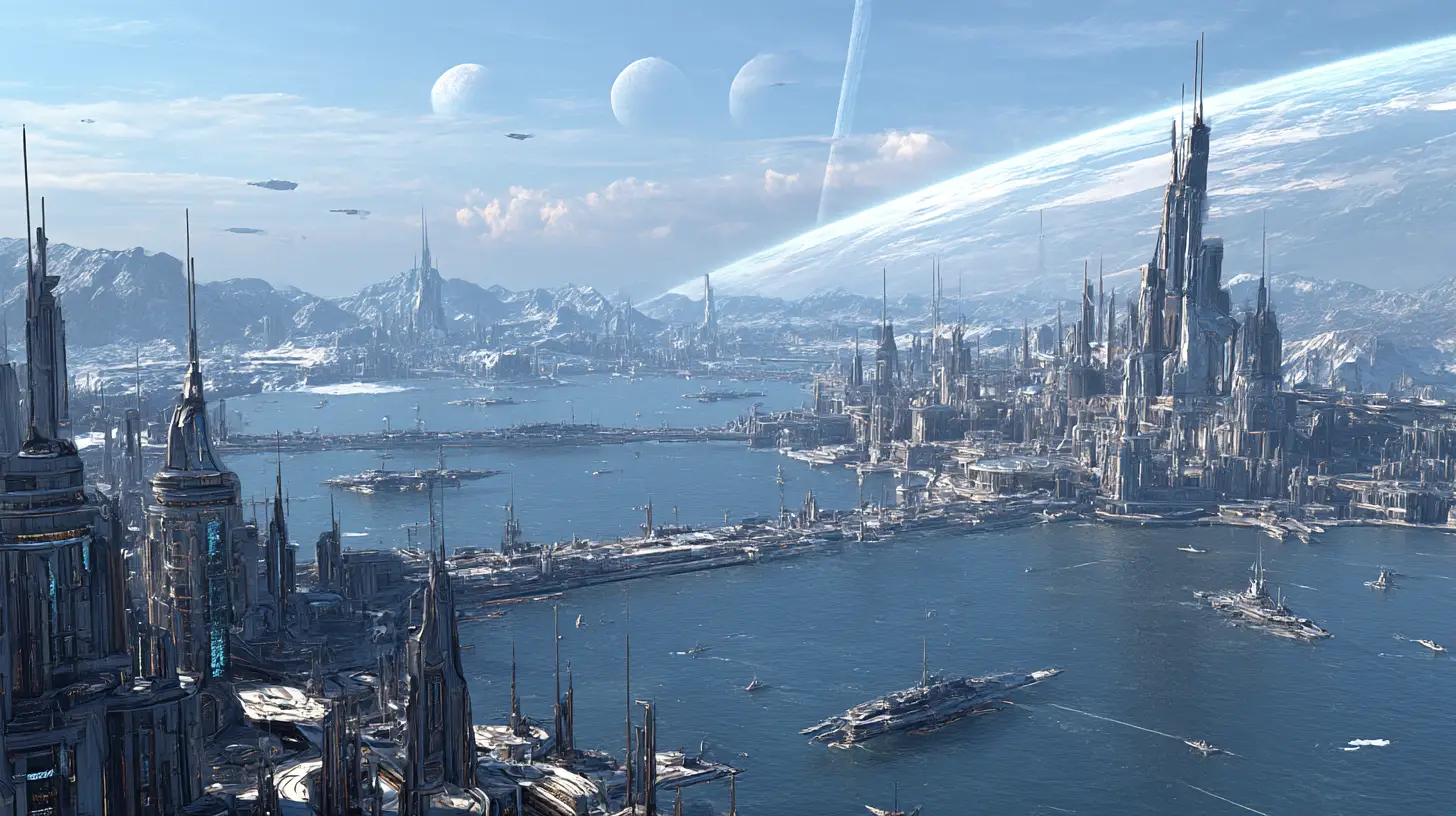 Futuristic coastal city with spaceports and alien ocean