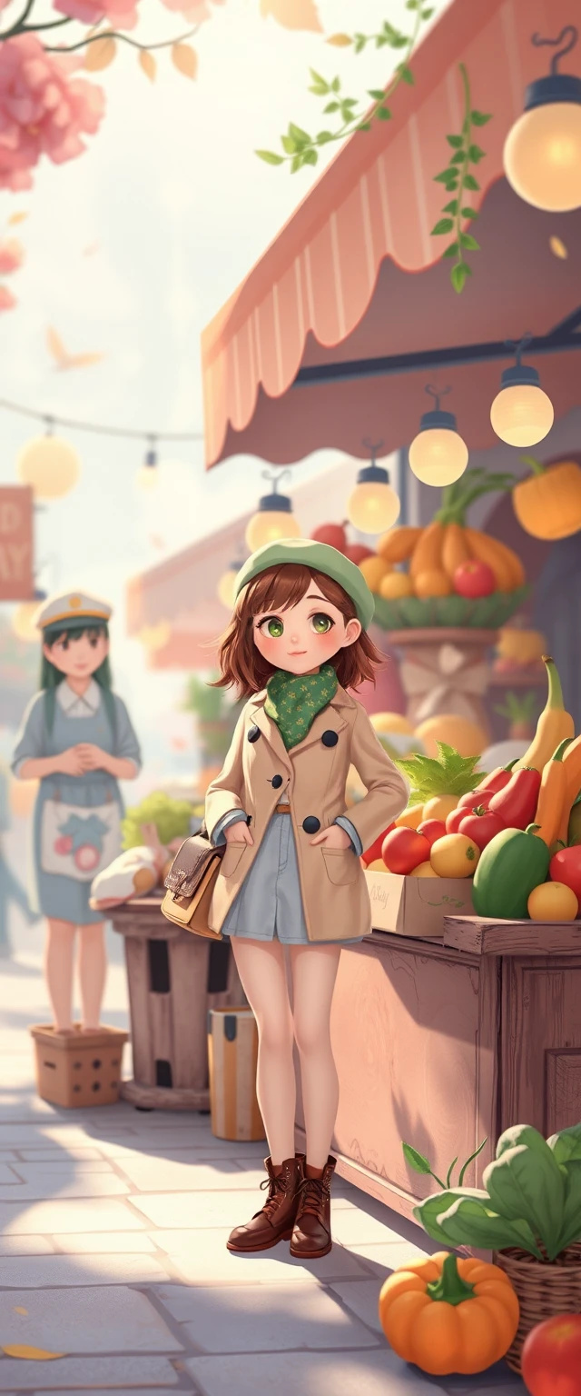 Verspielte Pastellfamilie auf einem Obst- und Gemüsemarkt