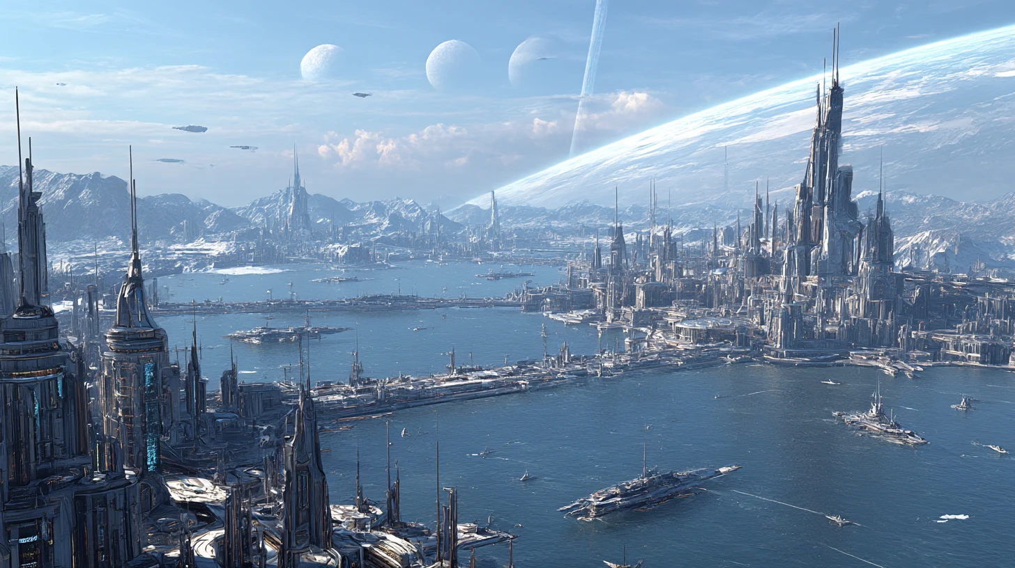 Ciudad costera futurista con puertos espaciales y océano alienígena
