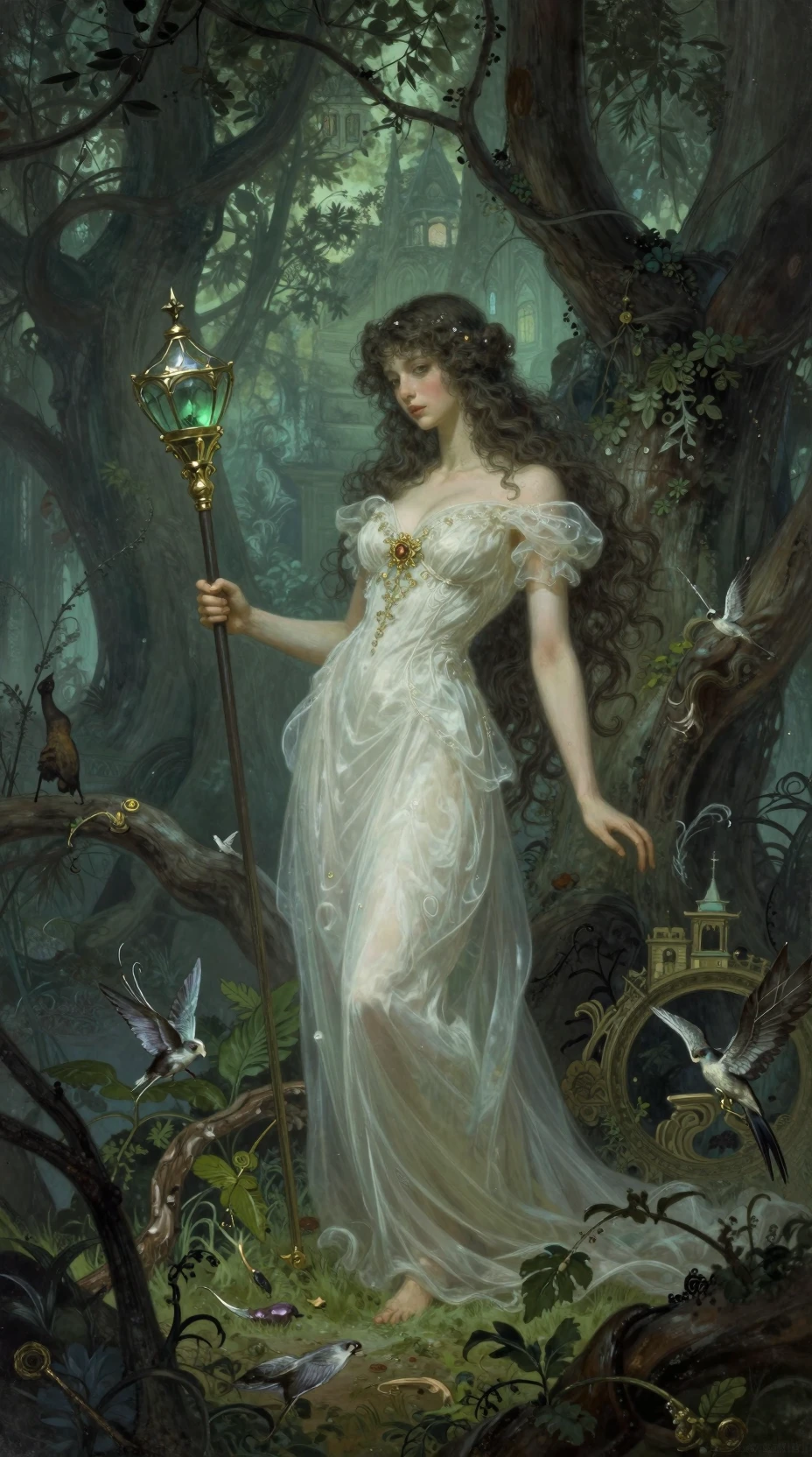 Whimsical gothic fantasy scene in ethereal illustration
