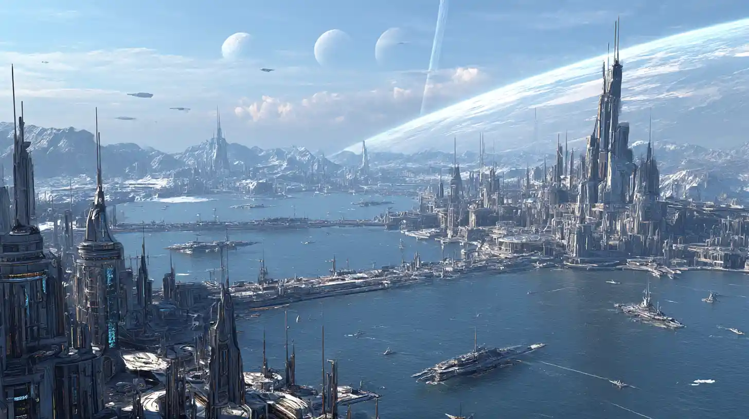 Ciudad costera futurista con puertos espaciales y océano alienígena