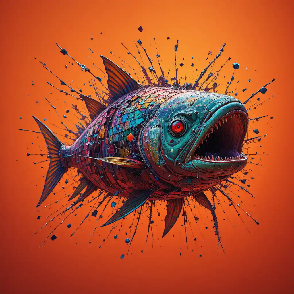 Piranha bursting through glitching fragmented digital pixels