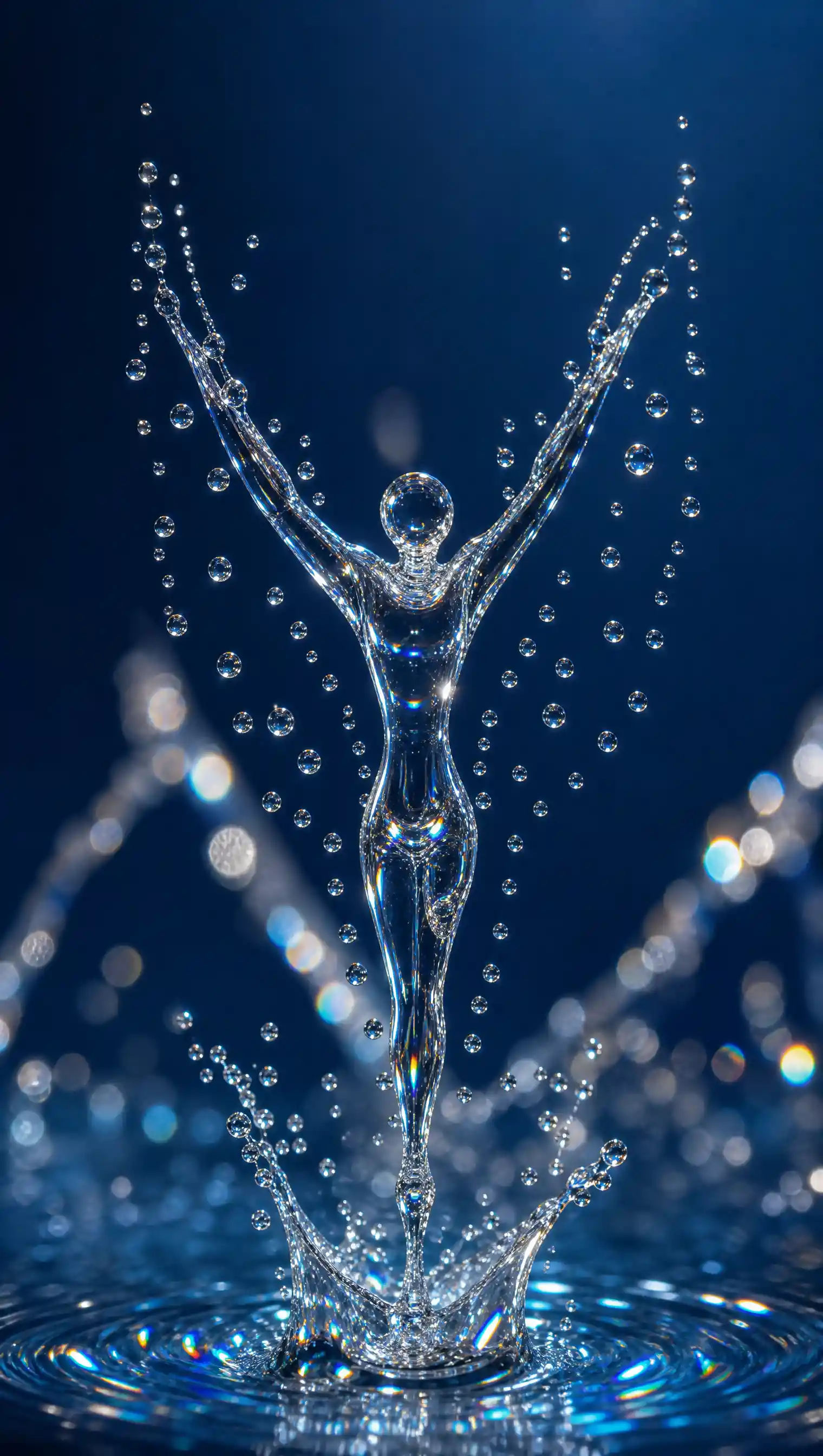 Gotas de água em contraluz formando uma figura de mergulho abstrata