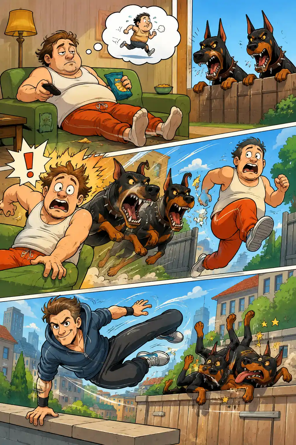 Cena de quadrinhos com homem sendo perseguido por dois cachorros