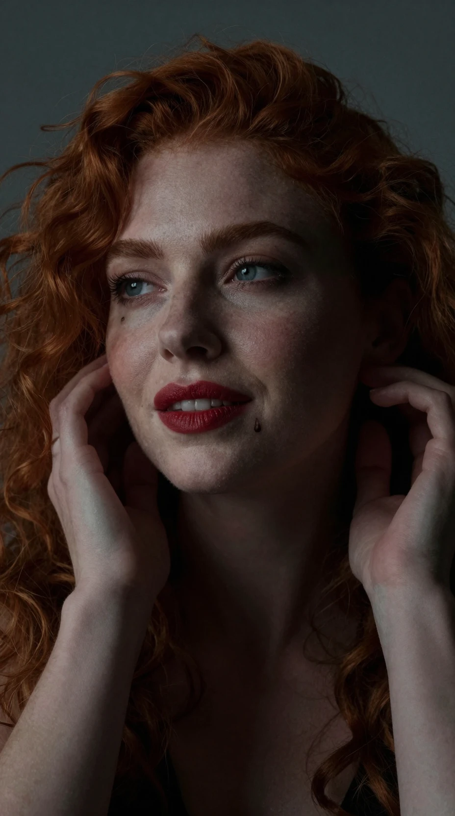 Gros plan cinématographique d’une femme rousse dans l’ombre