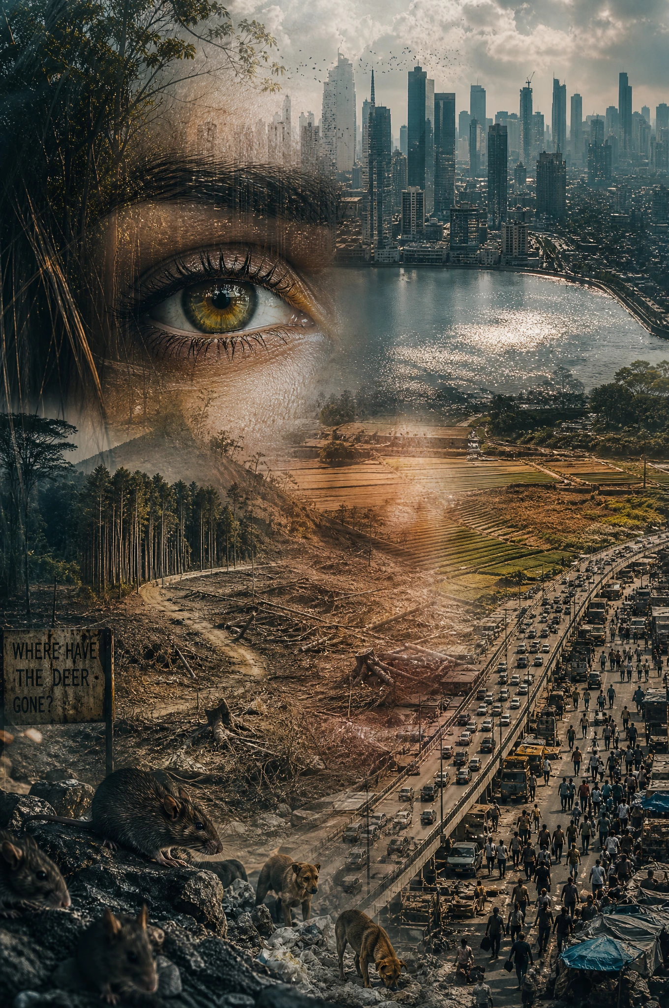 Hazel eyed woman in double exposure urban landscape
