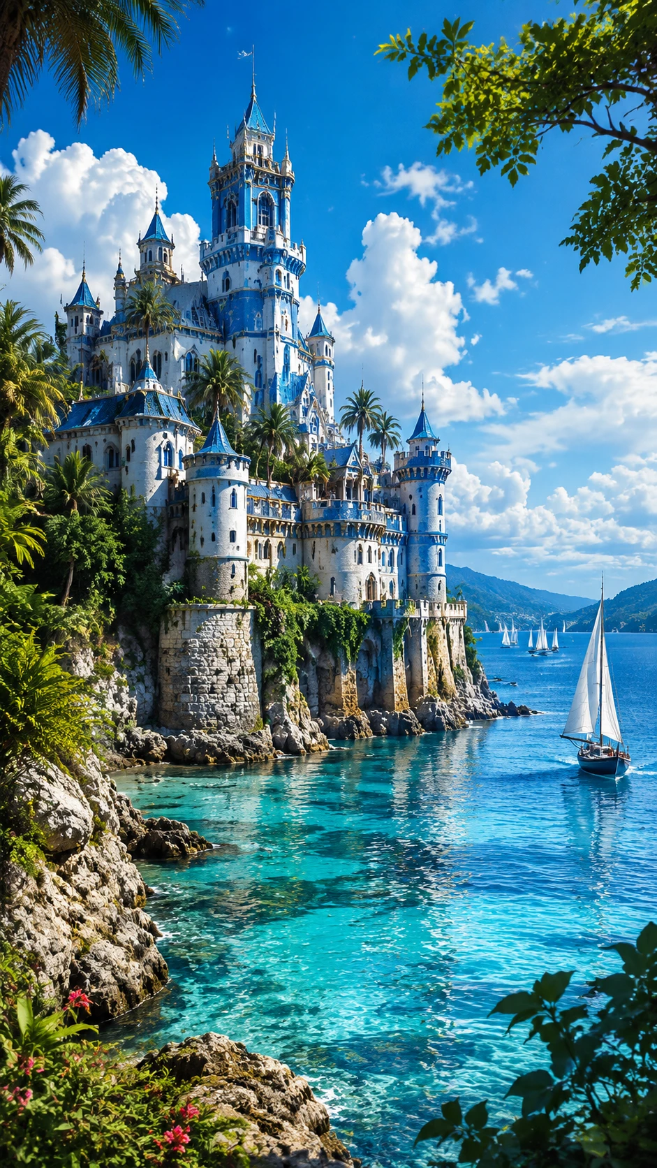 Castelo majestoso à beira-mar refletido em águas tropicais calmas