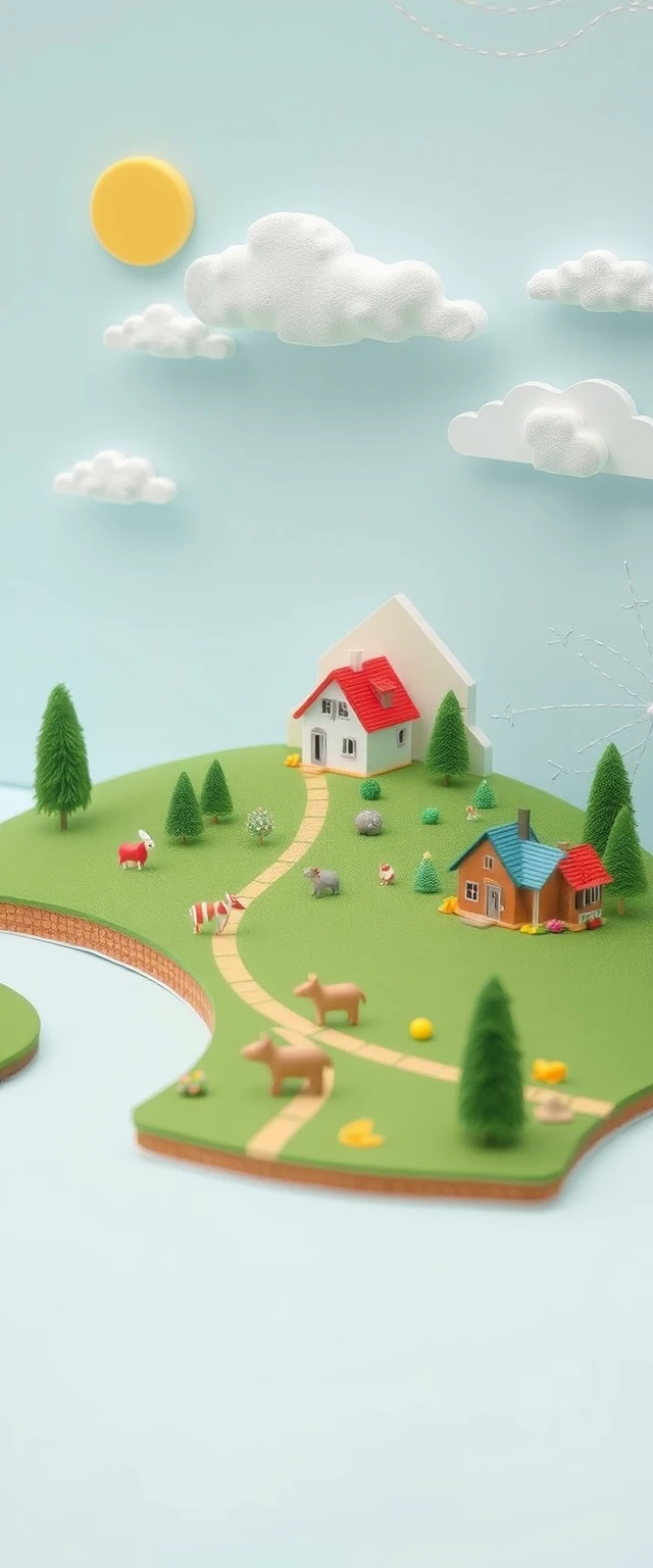 Campo rural 3D em miniatura com casas, vacas e ovelhas