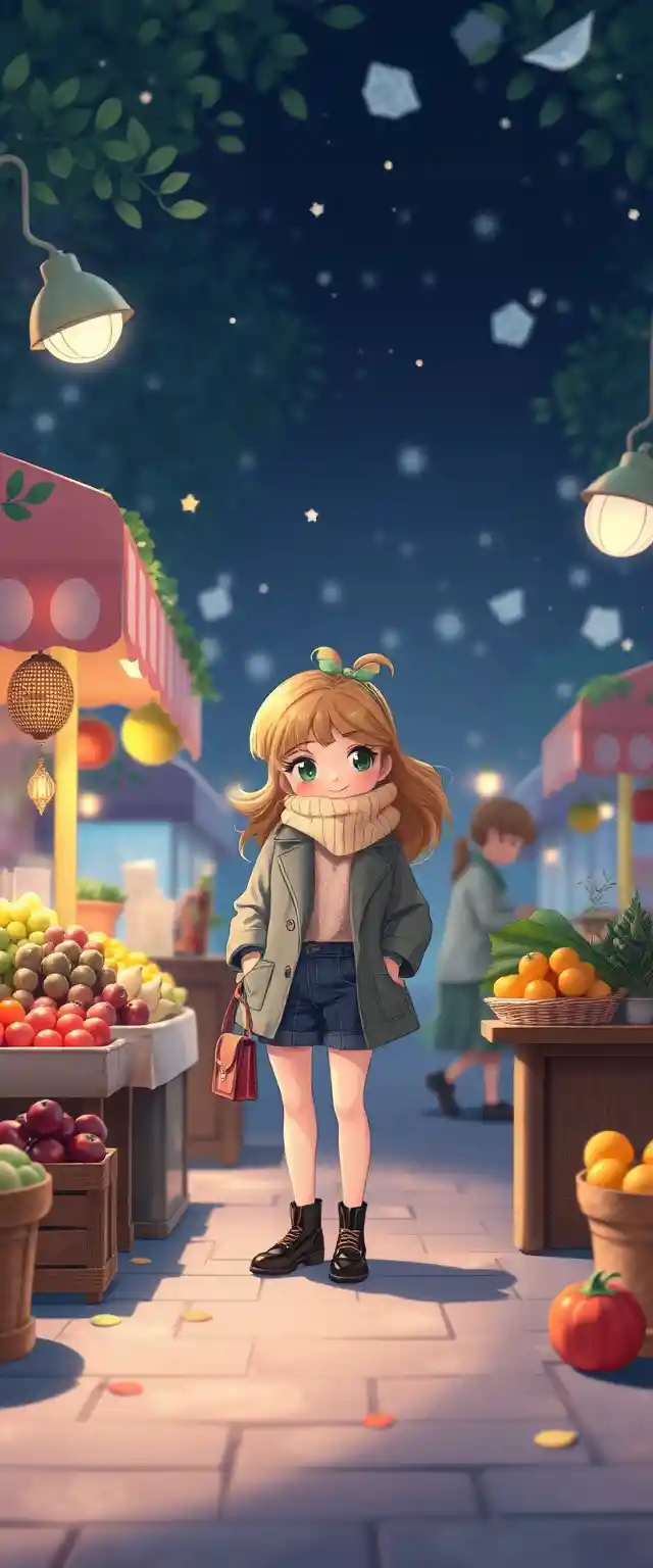 Whimsical family selling produce at a colorful street market