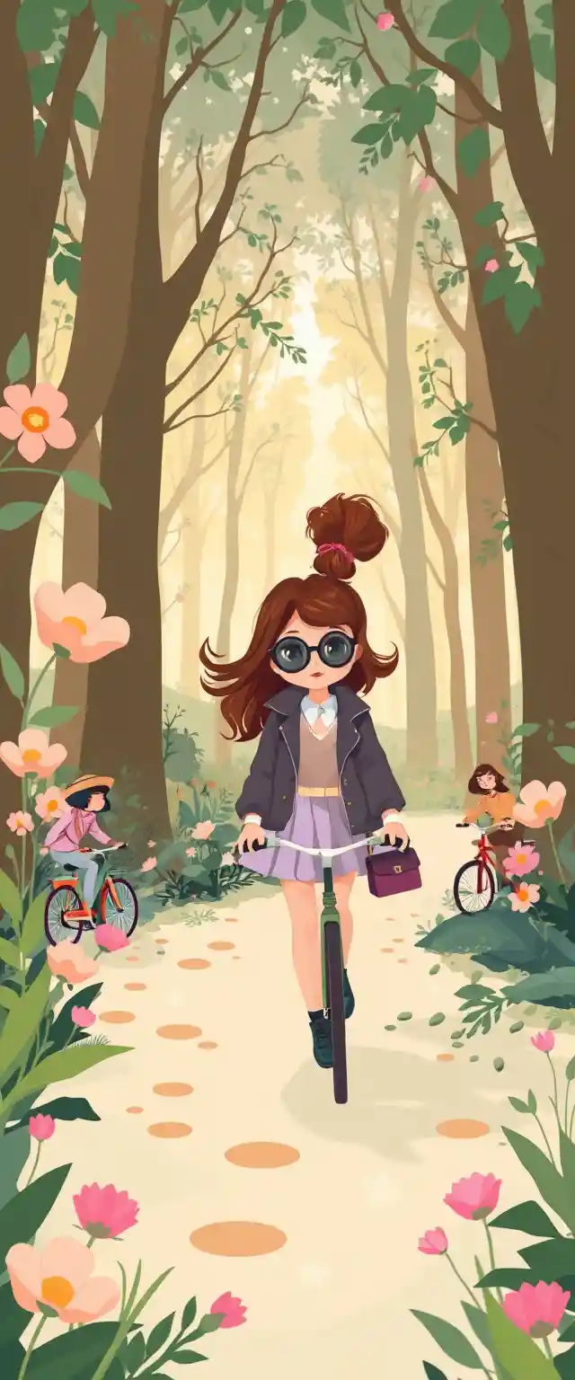 Whimsical pastel girl in a magical cartoon forest