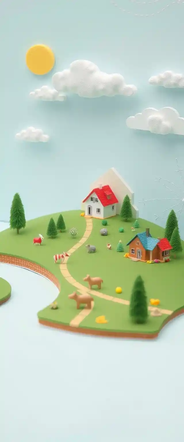 Campo rural 3D em miniatura com casas, vacas e ovelhas
