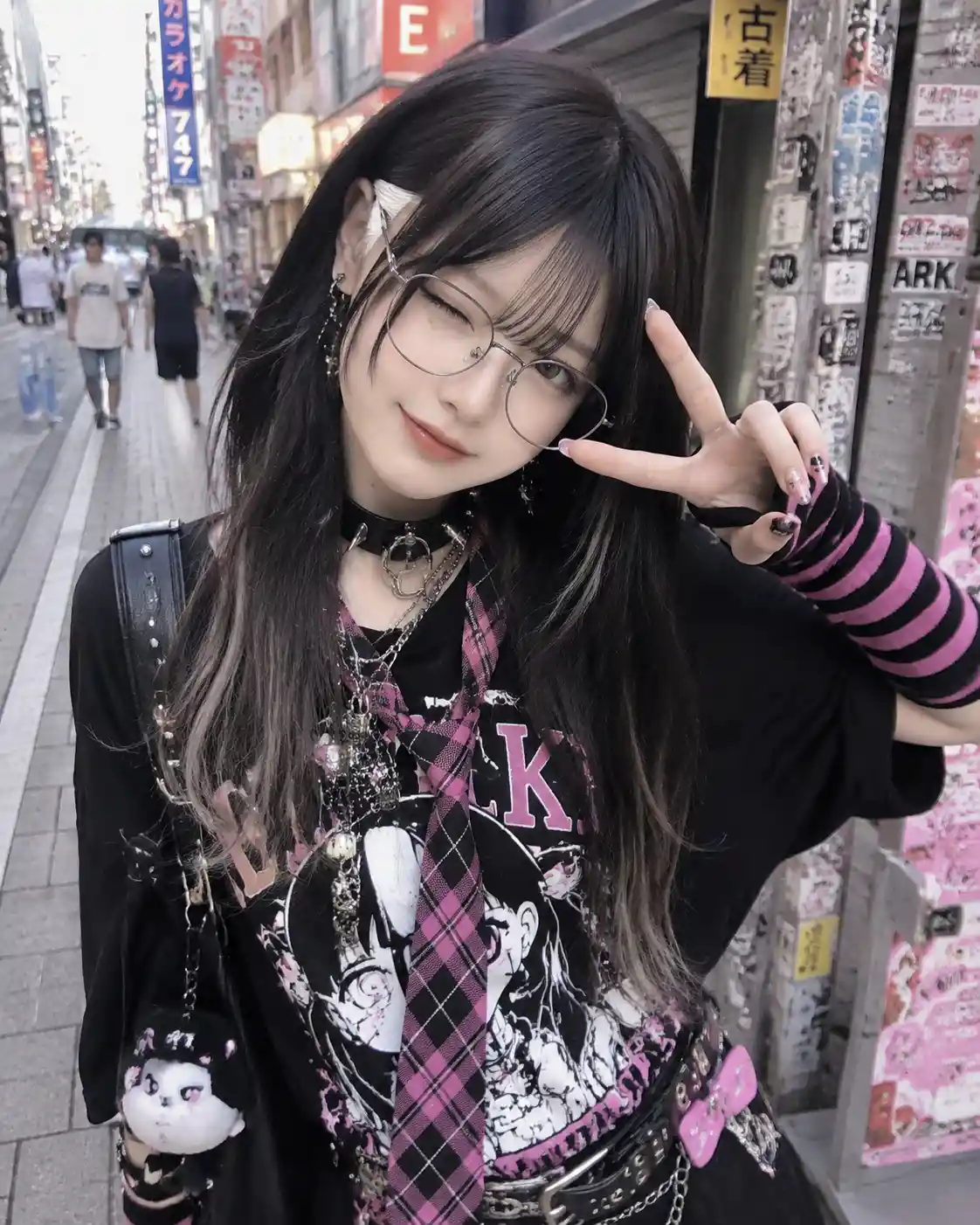 Ragazza anime carina in stile Harajuku in una strada di Tokyo