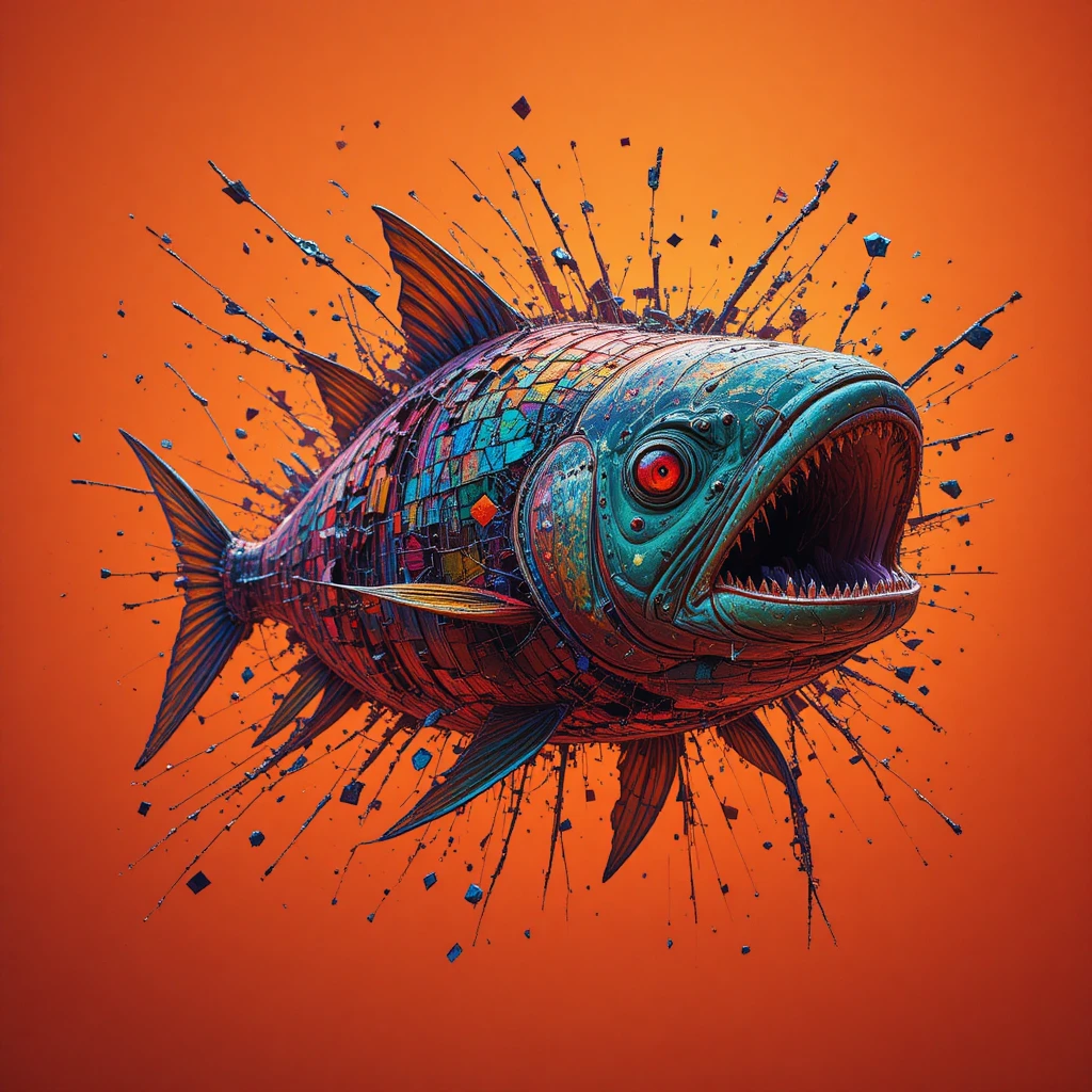 Piraña irrumpiendo entre píxeles digitales fragmentados con glitch