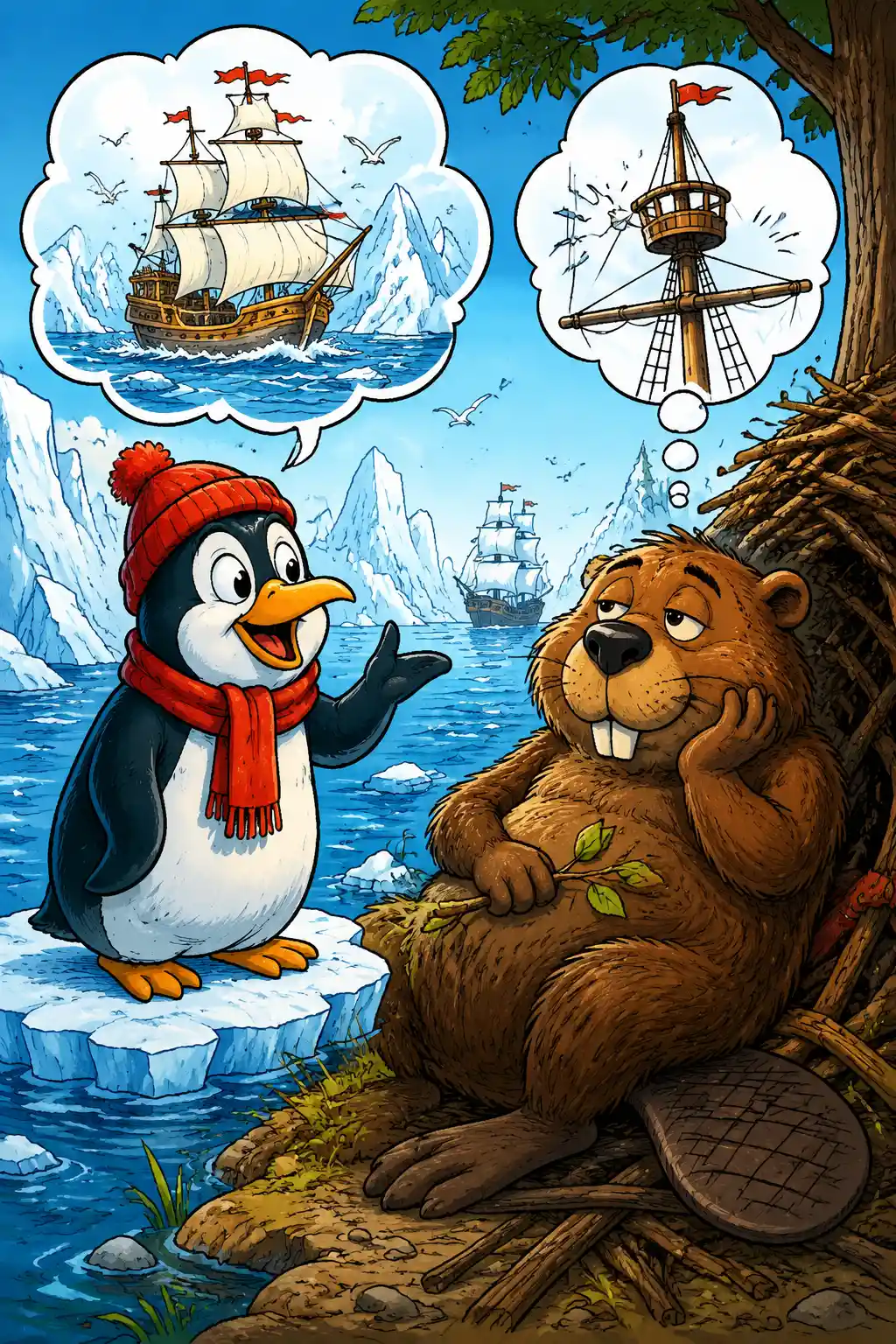 Ilustração em quadrinhos divertida de um pinguim falando sobre o mar