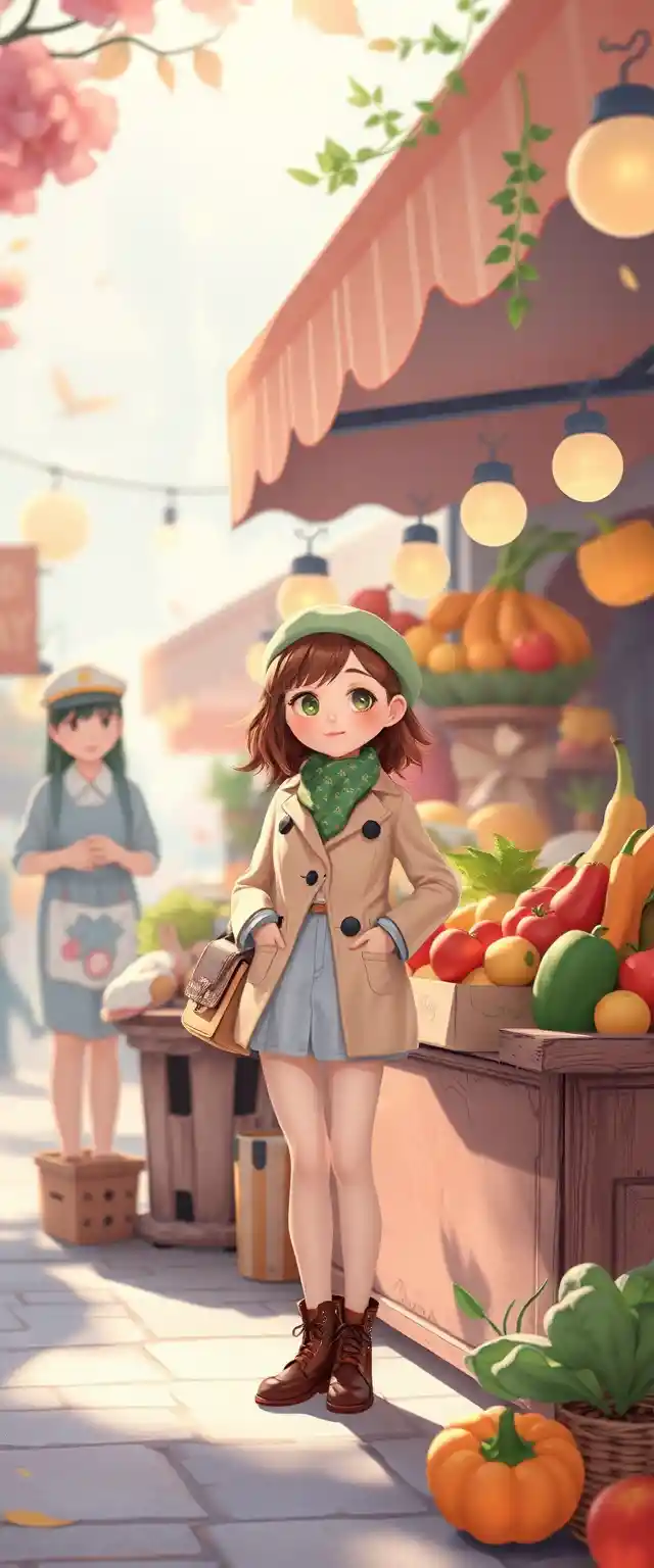 Verspielte Pastellfamilie auf einem Obst- und Gemüsemarkt