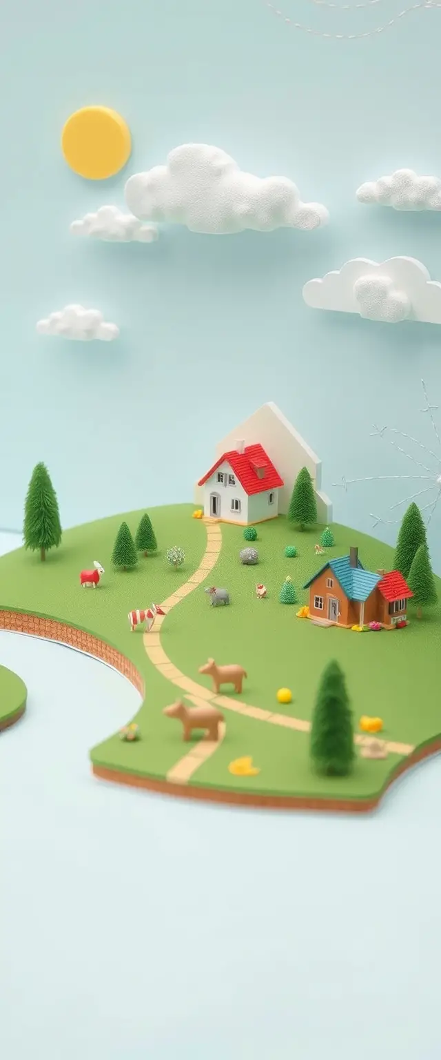 ミニチュア3Dの田舎風景（家・牛・羊）