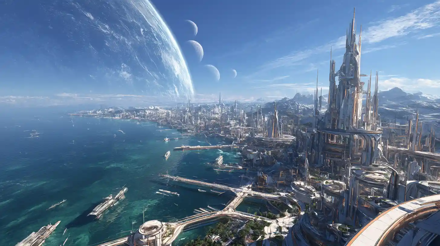Futuristic oceanfront city beneath three distant moons