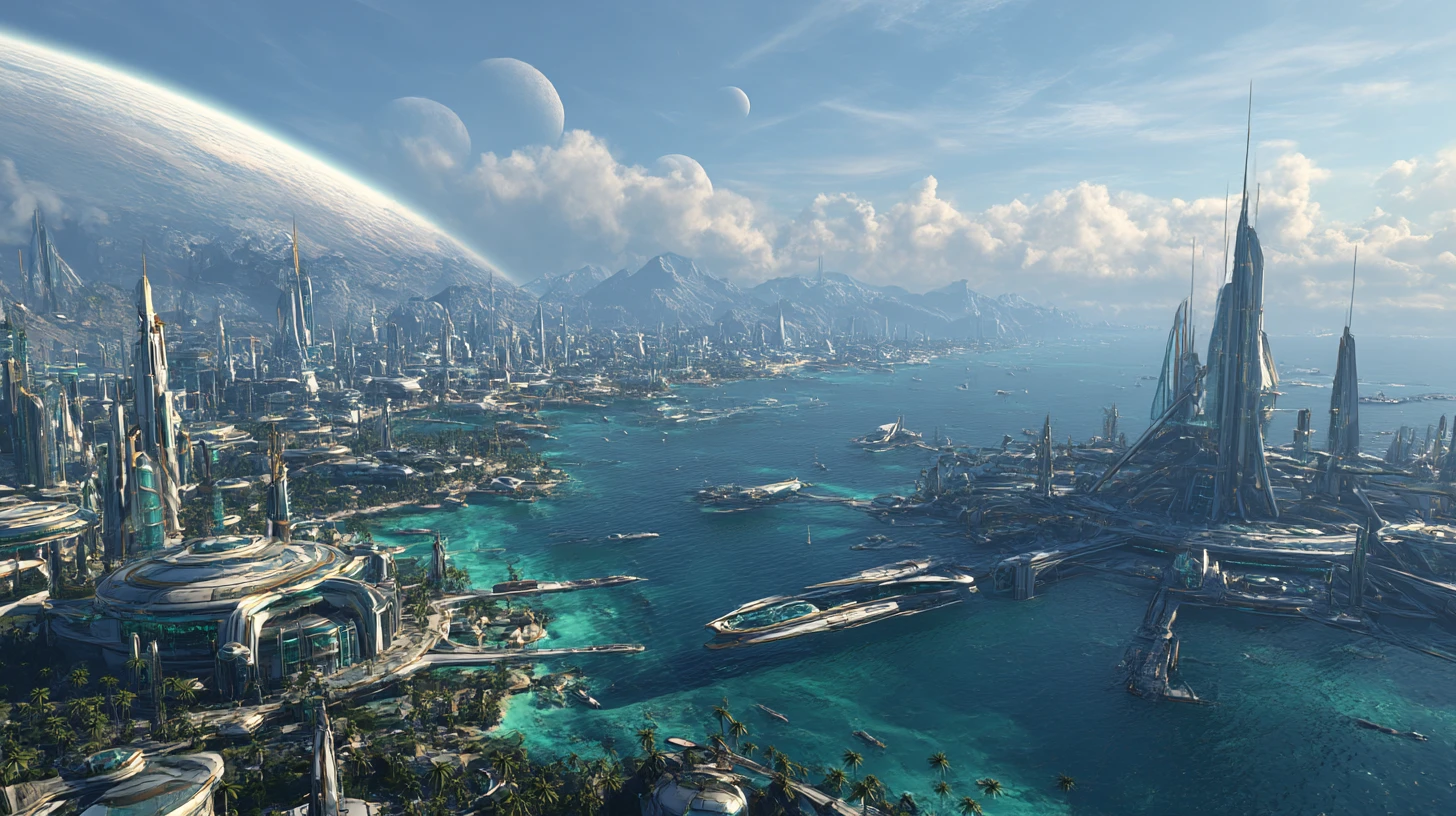 Cidade costeira futurista com espaçoportos e oceano alienígena