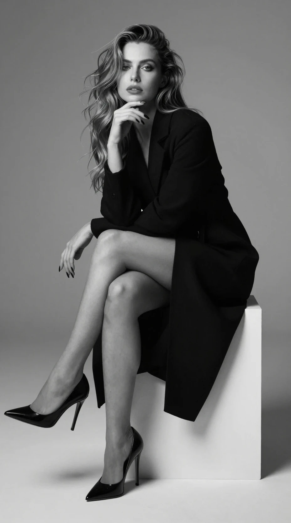 Elegant monochrome full body portrait of a stylish woman