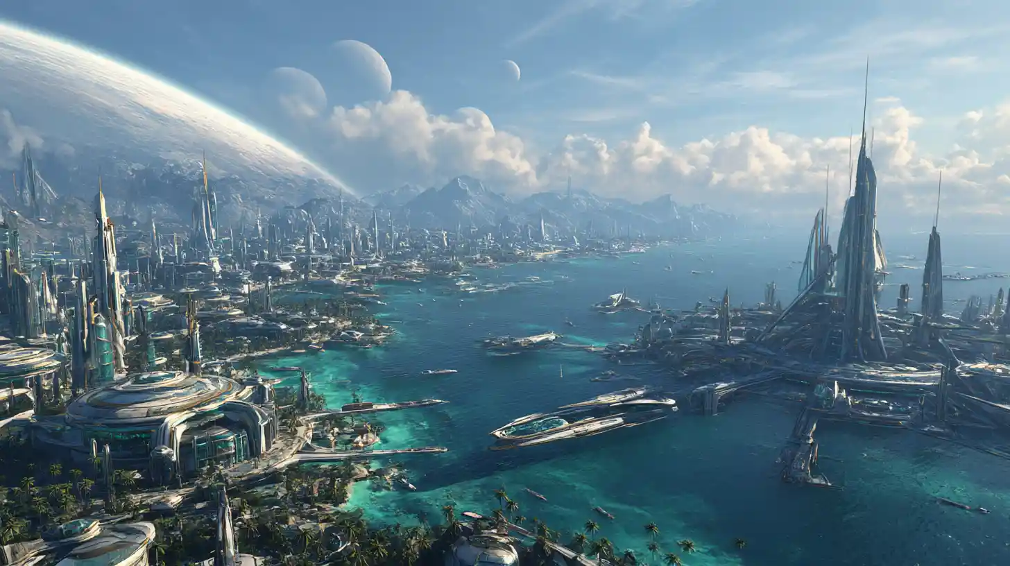 Cidade costeira futurista com espaçoportos e oceano alienígena