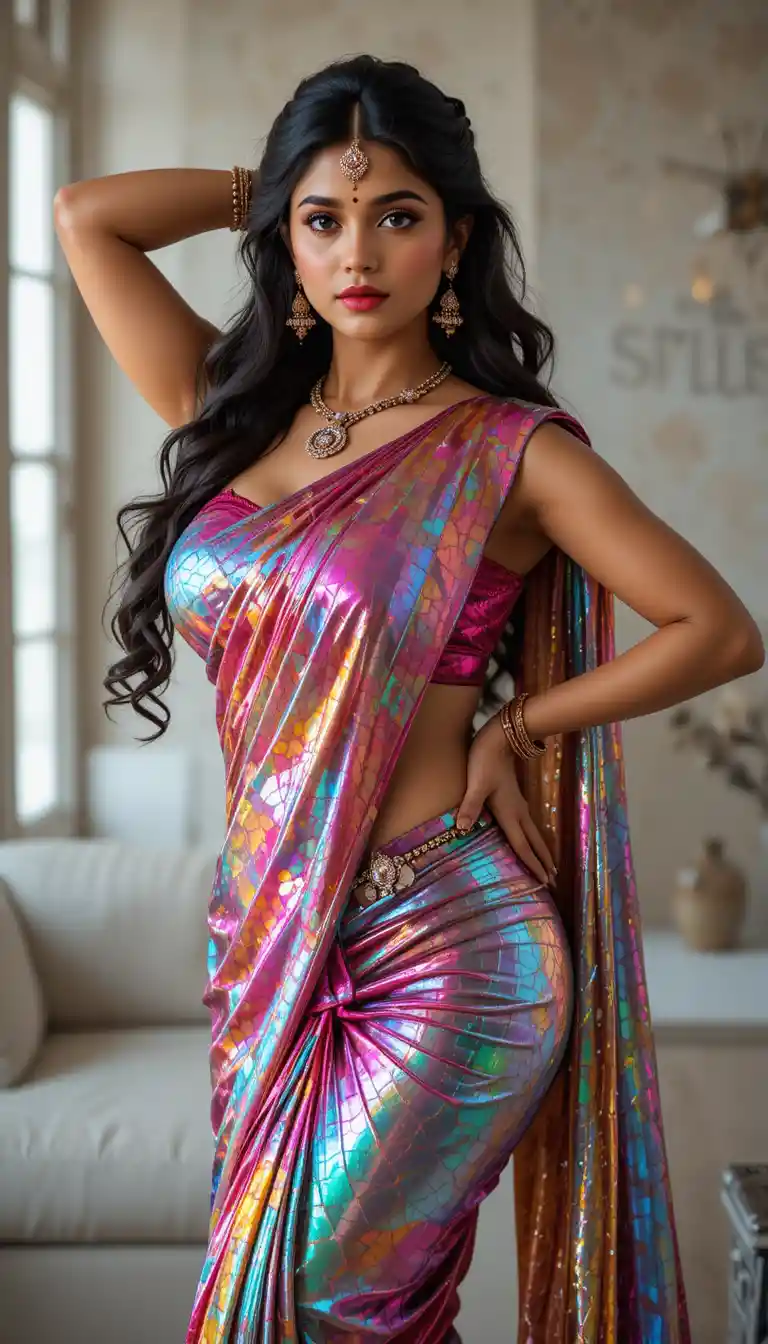 Mujer india glamurosa con sari reflectante posando en interiores