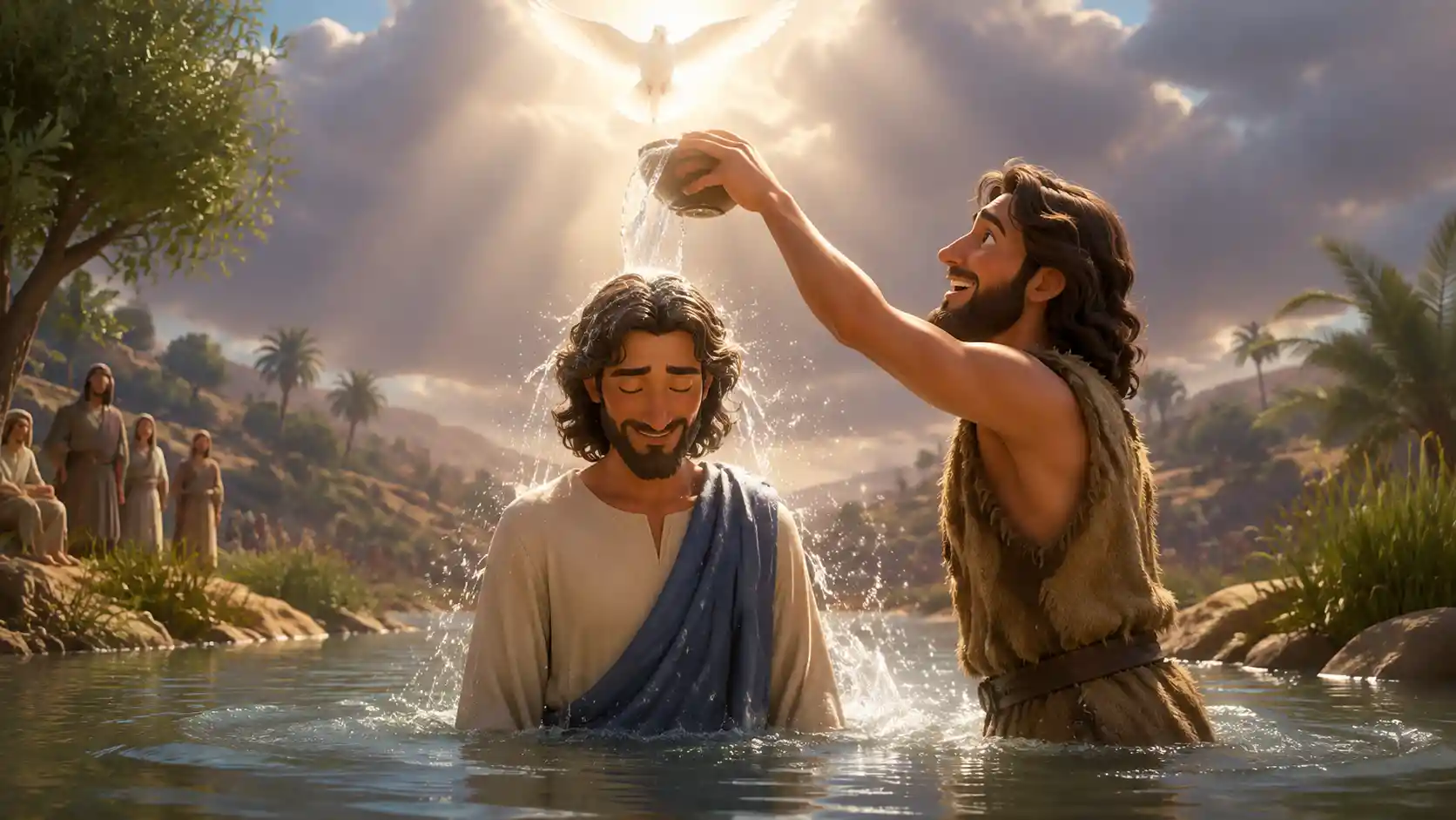 Jesus em pé no rio Jordão durante o batismo