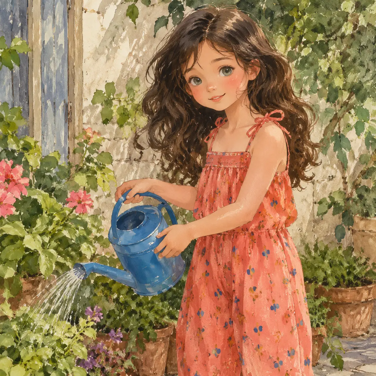 Garota regando plantas do jardim com um macacão de linho coral