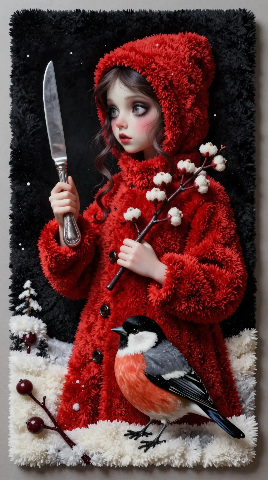 Whimsical girl in red holding utensils in dramatic contrast