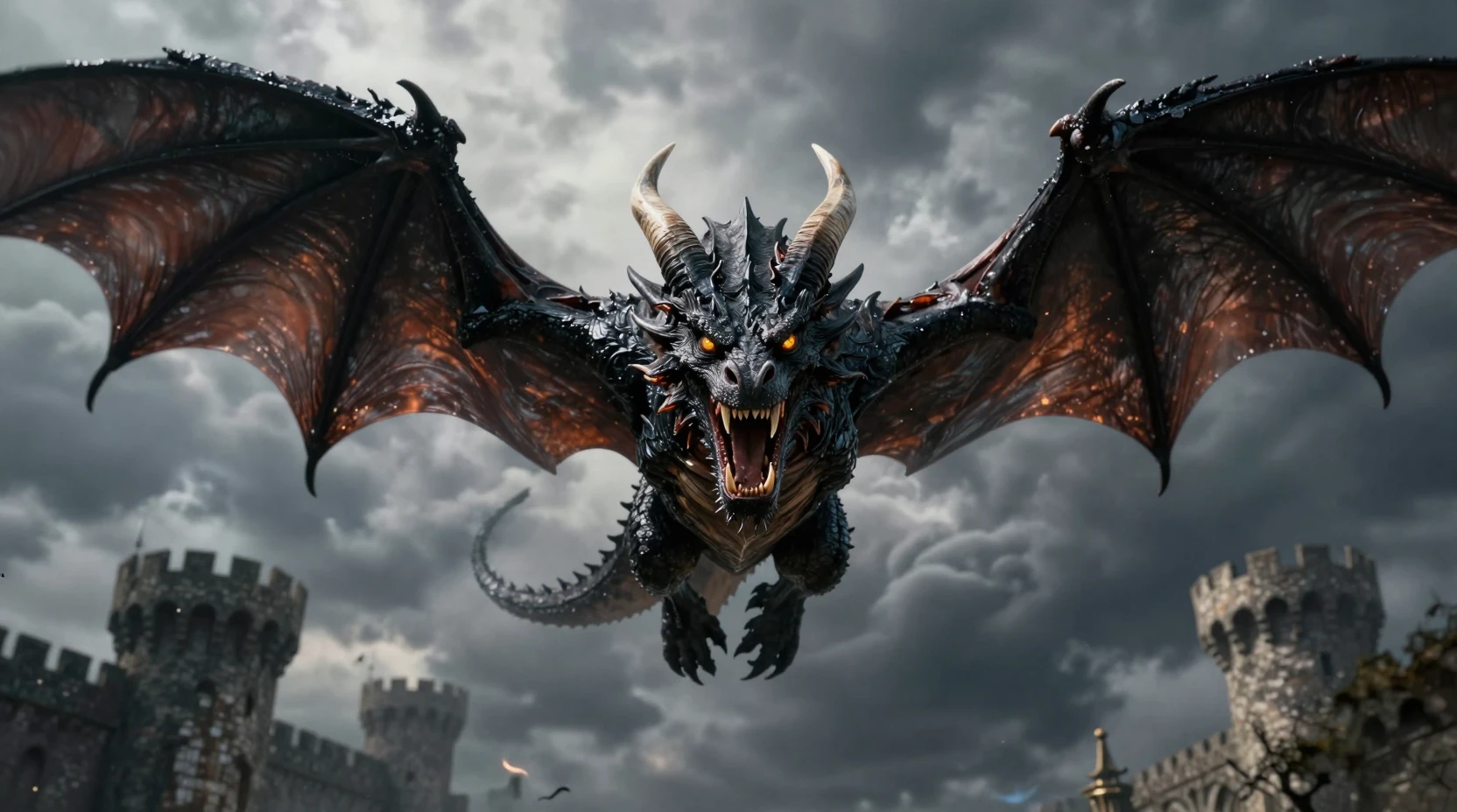 Dragão negro lendário sobre um reino medieval tempestuoso