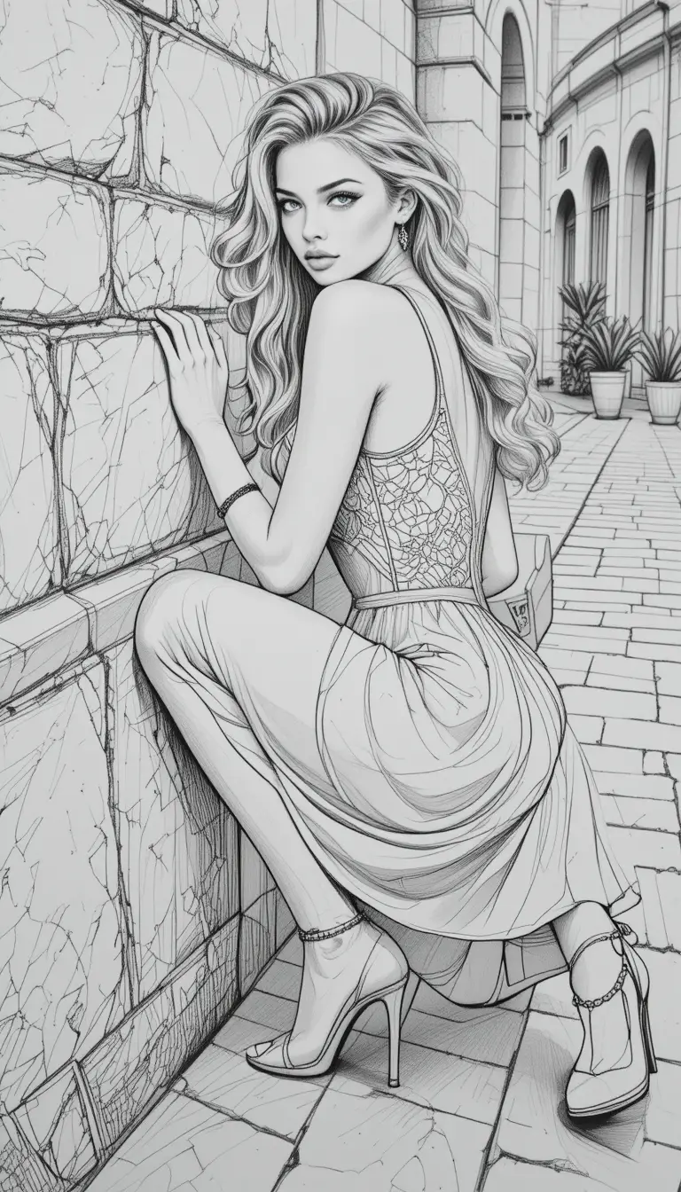 Mulher elegante de vestido de renda ao lado de um muro de pedra
